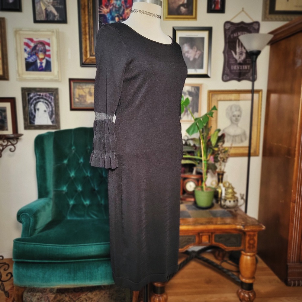 CALVIN KLEIN Womens Black Midi Ruffle Trim Sleeve Sheath Dress - Medium - Picture 5 of 8